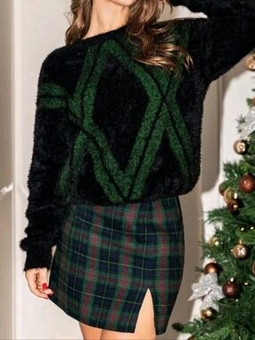 NWT Cupshe All The Angels Argyle Knit Sweater Furry Fuzzy Boho Black Green M